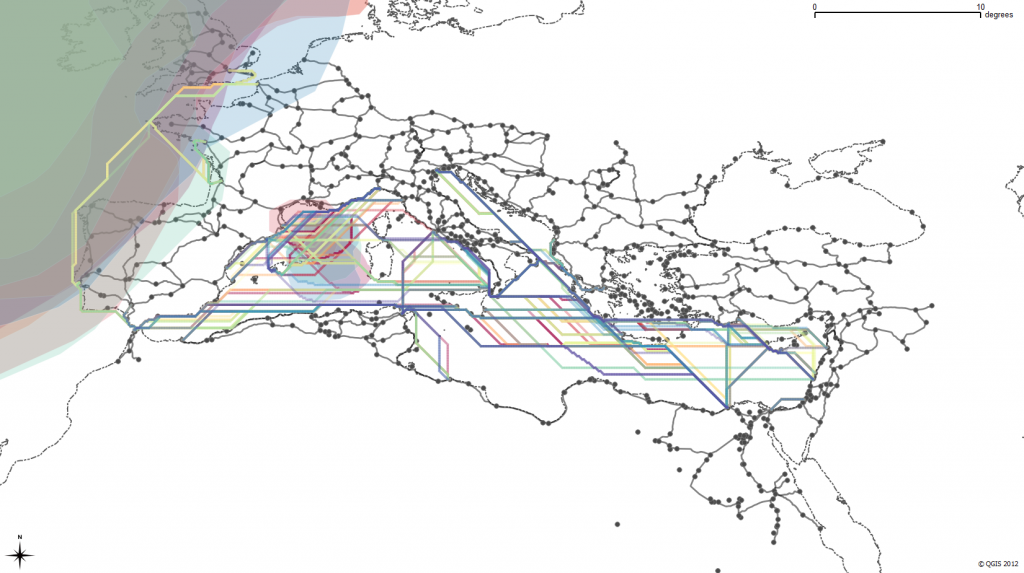 Possible paths of some historically attested Roman sea routes, constrained by monthly variation in wave height